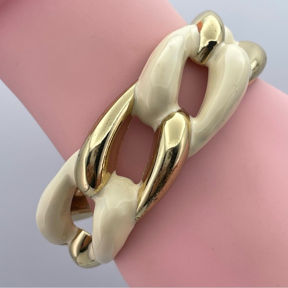 Ivory & Gold Tone Chunky Link Statement Bracelet Hinged Bangle